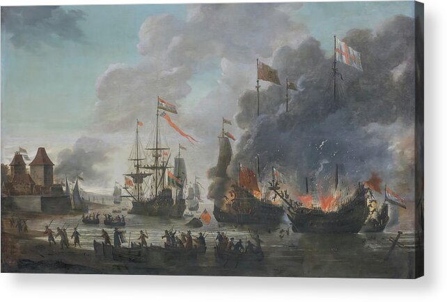 Dutch Acrylic Print featuring the photograph The Dutch burn English ships during the expedition to Chatham by Jan van Leyden