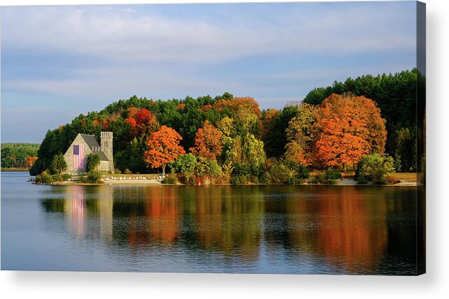 The Old Stone Church In West Bolyston Acrylic Print featuring the photograph The Old Stone Church and Colorful Fall Foliage in West Bolyston, Massachusetts by Robert Bellomy