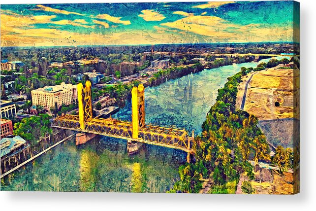 Tower Bridge Acrylic Print featuring the digital art Tower Bridge over Sacramento River - digital painting by Nicko Prints