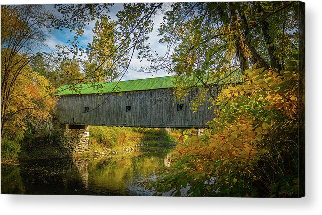 Bridge Acrylic Print featuring the photograph Vermont Autumn at Hammond Covered Bridge 2 by Ron Long Ltd Photography