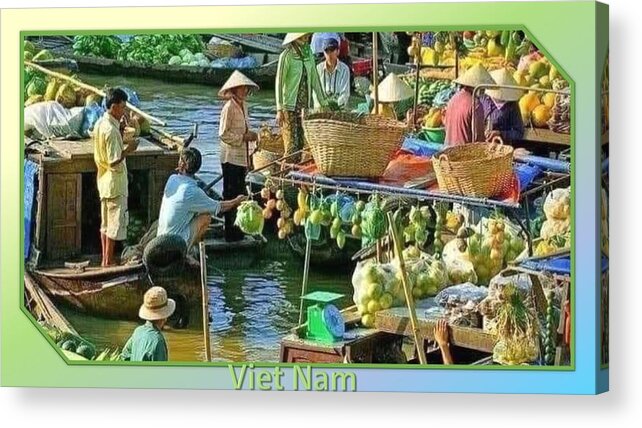 Viet Nam Acrylic Print featuring the mixed media Vietnamese Floating Market by Nancy Ayanna Wyatt