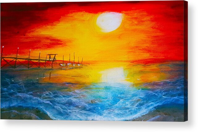 Sunset Acrylic Print featuring the painting White Rock Pier by Rose Lewis