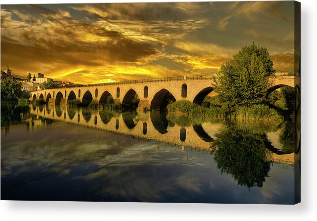 Sunset Acrylic Print featuring the photograph Zamora's Roman Bridge by Micah Offman