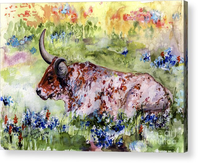 Texas Acrylic Print featuring the painting Texas Longhorn In Blue Bonnets by Ginette Callaway