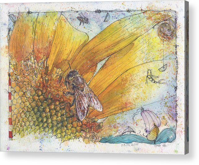 Bees Acrylic Print featuring the painting Bees and Sunflower by Petra Rau