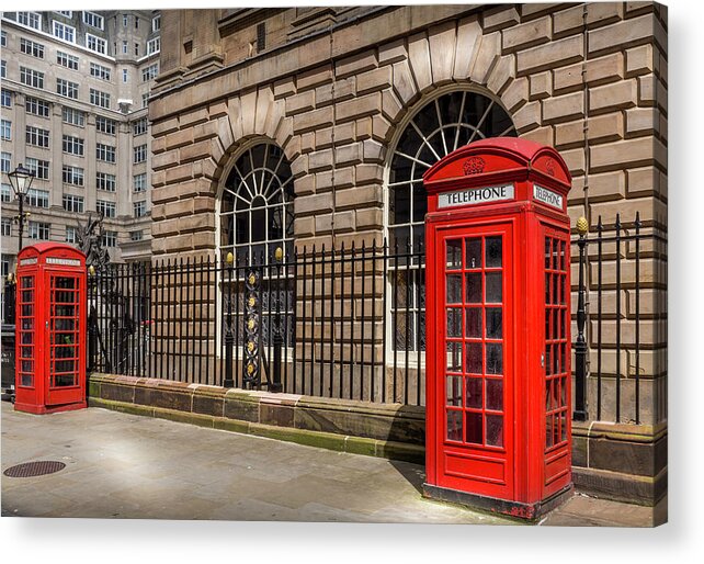 England Acrylic Print featuring the photograph Liverpool Telephone Boxes by Georgia Clare