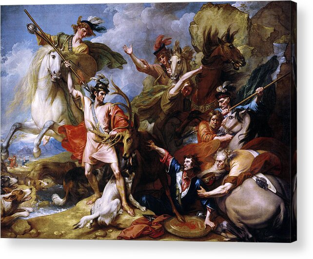 The Death Of The Stag Acrylic Print featuring the painting The Death of the Stag by Benjamin West by Rolando Burbon