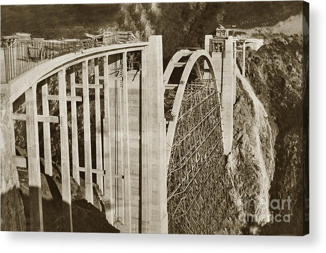  Construction Acrylic Print featuring the photograph Bixby Creek Bridge under construction Big Sur Coast On Highway One Calif. May 1932 #1 by Monterey County Historical Society