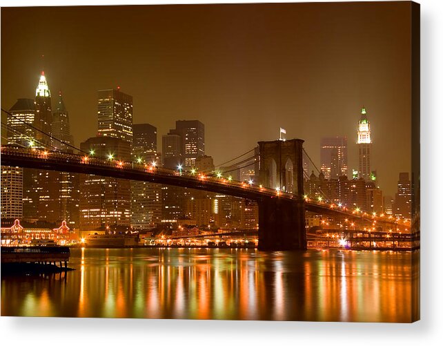 Architecture Acrylic Print featuring the photograph Brooklyn Bridge and Downtown Manhattan by Val Black Russian Tourchin