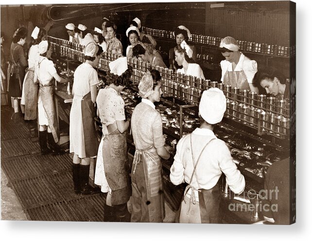 Canning Acrylic Print featuring the photograph Canning line on Montereys Cannery Row Circa 1945 by Monterey County Historical Society