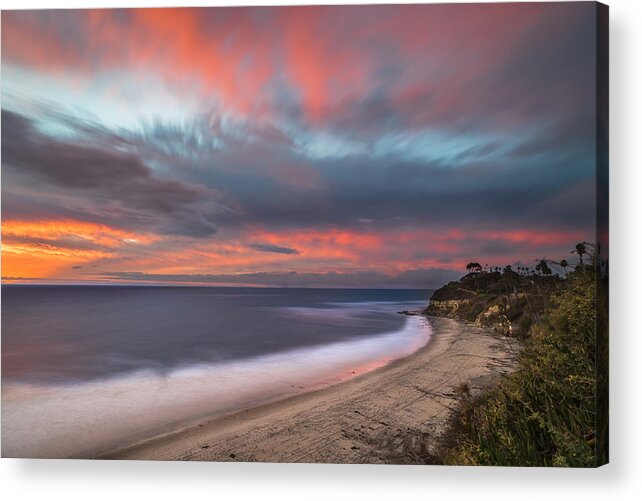 California; Long Exposure; Ocean; Reflection; San Diego; Seascape; Sky; Sunset; Surf; Sun; Clouds; Waves Acrylic Print featuring the photograph Colorful Swamis Sunset by Larry Marshall