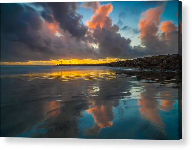 California; Long Exposure; Ocean; Reflection; San Diego; Seascape; Sunset; Surf; Clouds Acrylic Print featuring the photograph Harbor Jetty Reflections by Larry Marshall