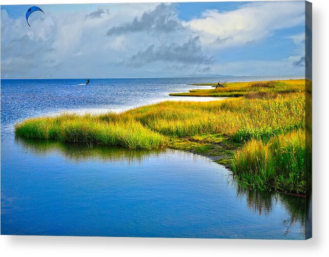 Outer Banks Acrylic Print featuring the photograph Kitesurfing on Ocracoke Outer Banks by Dan Carmichael
