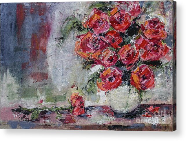 Roses Acrylic Print featuring the painting Red Roses Still Life by Ginette Callaway