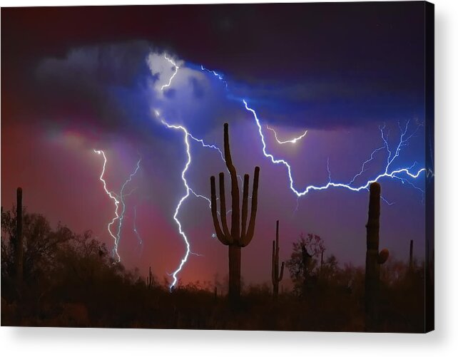 Saguaro Acrylic Print featuring the photograph Saguaro Lightning Nature Fine Art Photograph by James BO Insogna