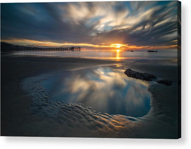 California; Sunset; Clouds; Seascape; La Jolla; Surf; Pier; Scripps; Ocean; San Diego; Waves Acrylic Print featuring the photograph Sunset Reflections in San Diego landscape version by Larry Marshall