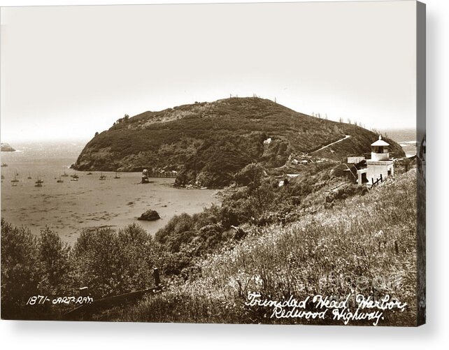Memoria Acrylic Print featuring the photograph Trinidad Memorial Lighthouse and fog bell with Trinidad Head circa 1948 by Monterey County Historical Society