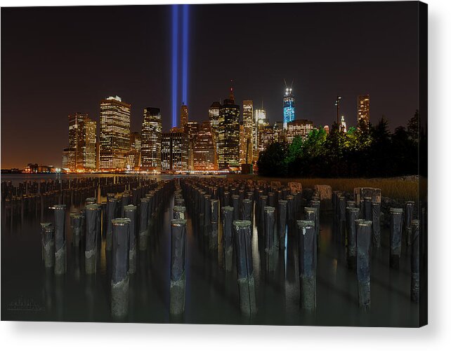  New York Photographs Acrylic Print featuring the photograph NYC Tribute Lights - The Pier by Shane Psaltis