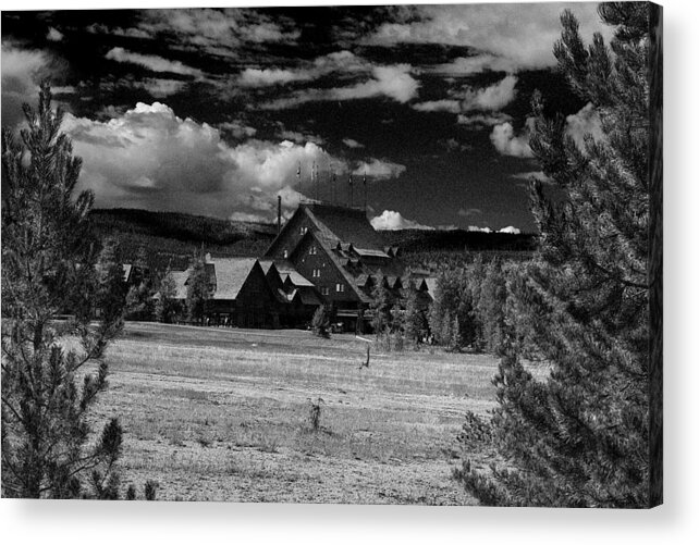 Yellowstone; National Park; Landscape; Lodge; Cabin; Cottage; Hunting; Hotel; Inn; Resort; Motel; Stay; House; Public House; Black; White; Cloud; Pine; Tree; Overcast; Christmas Tree; Grass; Lawn Acrylic Print featuring the photograph The Lodge by D L McDowell-Hiss