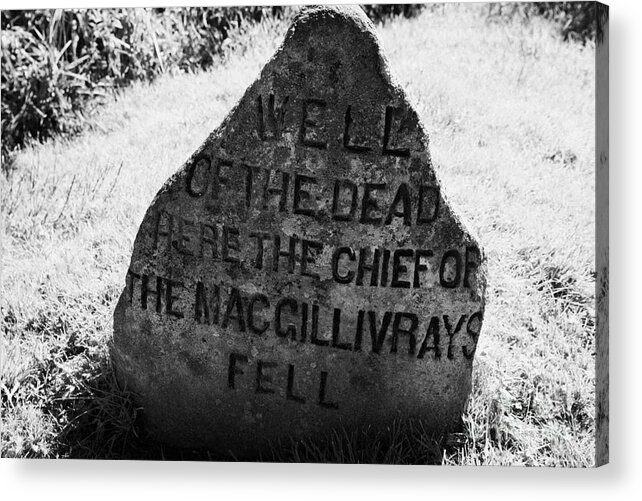 Memorial Acrylic Print featuring the photograph well of the dead and clan macgillivray memorial stone on Culloden moor battlefield site highlands sc by Joe Fox
