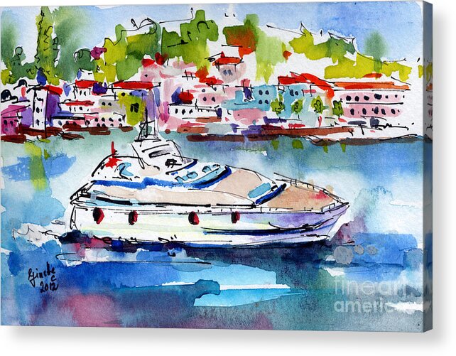 Italy Acrylic Print featuring the painting Yachting off the coast of Amalfi Italy Watercolor by Ginette Callaway