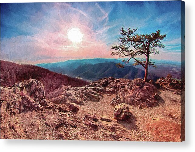 A Lone Pine Tree Adorns The Top Of A Rocky Hilltop In The Blue R Acrylic Print featuring the digital art Blue Ridge Rocky Hilltop and Tree at Sunset AP by Dan Carmichael