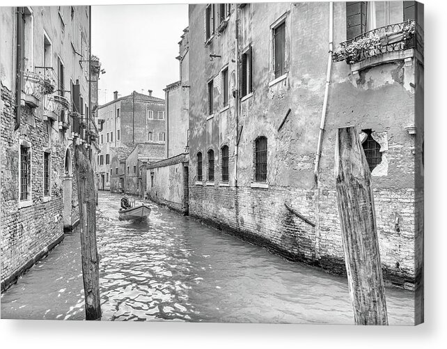 Venice Acrylic Print featuring the photograph Boat on a Canal in Venice by Georgia Clare