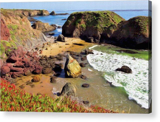 California Acrylic Print featuring the painting California Coast Rocks Cliffs Iceplant AP by Dan Carmichael