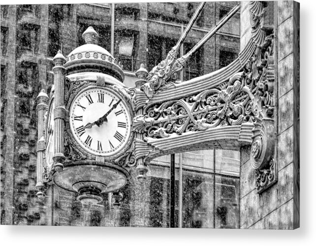 Chicago Acrylic Print featuring the photograph Chicago Marshall Field State Street Clock Black and White by Christopher Arndt