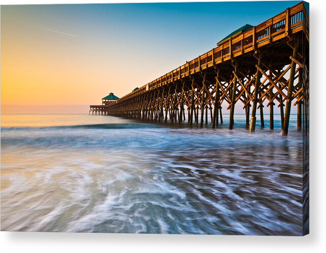 Folly Beach Acrylic Print featuring the photograph Folly Beach Pier Charleston SC Coast Atlantic Ocean Pastel Sunrise by Dave Allen