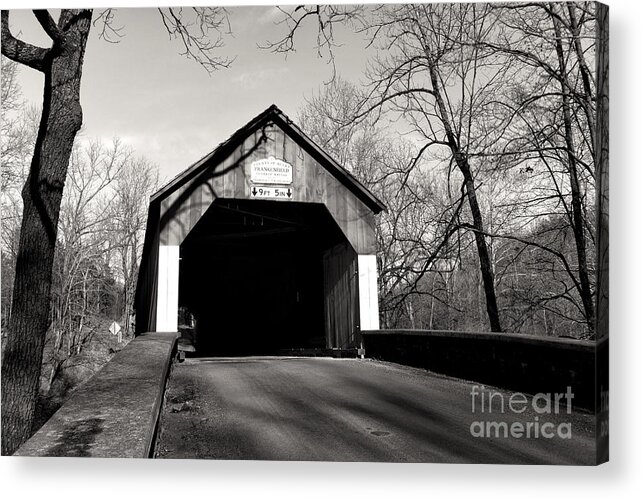 Vintage Frankenfield Covered Bridge Acrylic Print featuring the photograph Frankenfield Covered Bridge mono by John Rizzuto