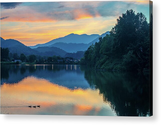 Landscape Acrylic Print featuring the photograph Great Smoky Mountains NC Lake Junaluska Sunset Reflection by Robert Stephens