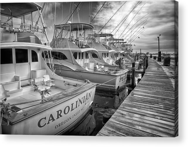 Outer Banks Acrylic Print featuring the photograph Outer Banks Fishing Boats Waiting BW by Dan Carmichael