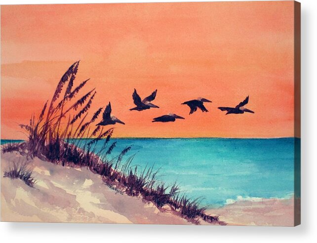 Seascape Acrylic Print featuring the painting Pelicans Flying Low by Suzanne Krueger