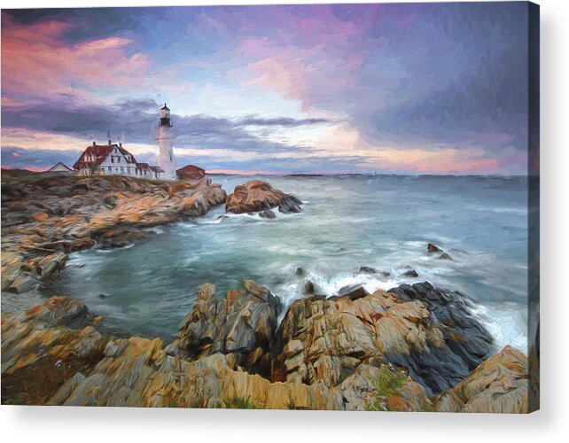 Maine Acrylic Print featuring the digital art sunset lighthouse III by Jon Glaser