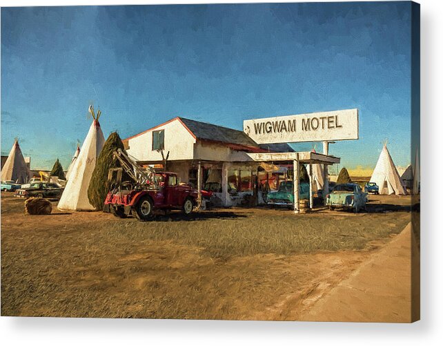 Architectural Photographer Acrylic Print featuring the painting Wigwam Motel by Lou Novick