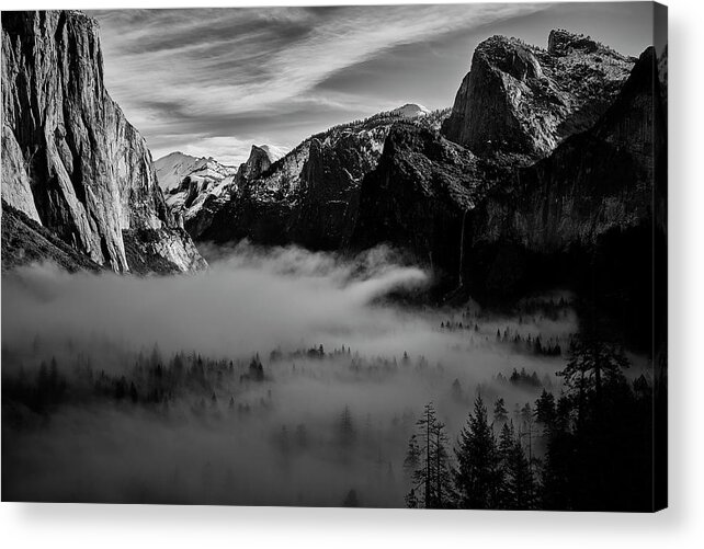 Black And White Acrylic Print featuring the photograph Fog in Yosemite #1 by Jon Glaser