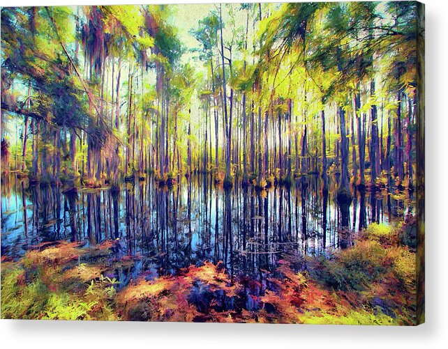Autumn Acrylic Print featuring the painting Autumn Fall Colors in the Cypress Swamp AP by Dan Carmichael