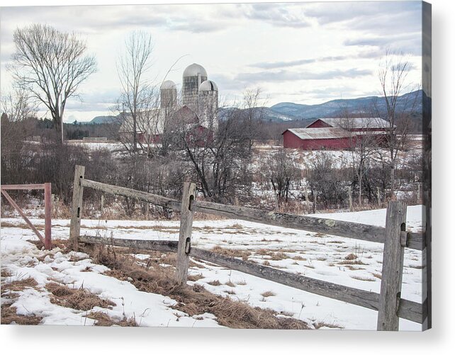 Red Barn In Snow Acrylic Print featuring the photograph Farm in Winter - Vermont by Joann Vitali