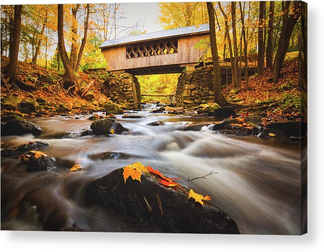 Gilford Acrylic Print featuring the photograph Peak Foliage Tannery Hill Bridge by Robert Clifford