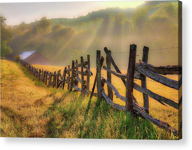 North Carolina Acrylic Print featuring the photograph Blue Ridge Barn in the Fog by Dan Carmichael
