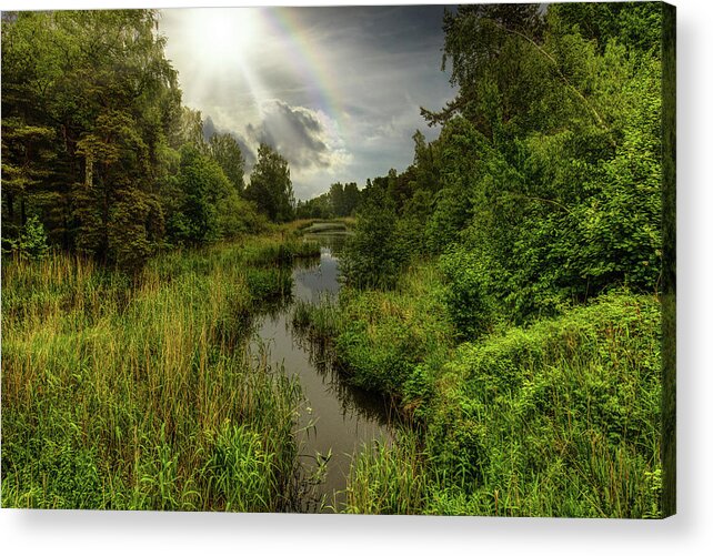 #art#nature#river#june#sky#trees#rainbow#green#lake#sun#clouds#countryside#latvian Nature Acrylic Print featuring the photograph Nice Day In The Latvian Countryside by Aleksandrs Drozdovs