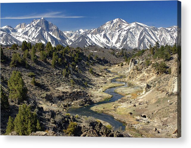 Hot Creek Acrylic Print featuring the photograph Hot Creek and Snow Peaked Sherwin Range by Bonnie Colgan