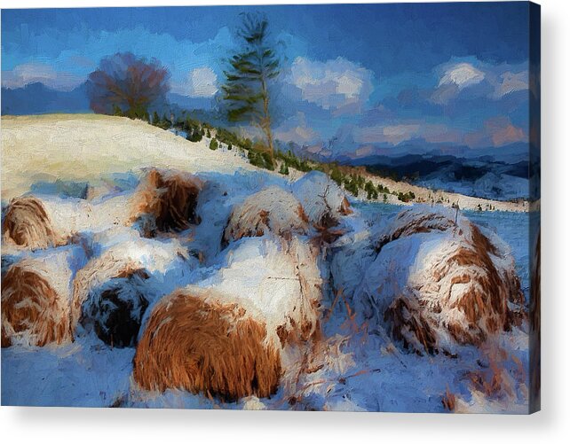 North Carolina Acrylic Print featuring the painting Snow Covered Hay ap by Dan Carmichael