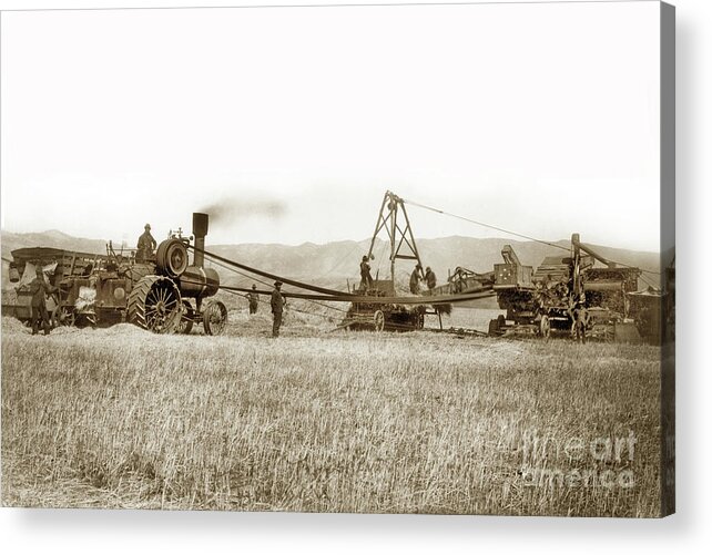 Steam Acrylic Print featuring the photograph Steam Tractor, Hay Wagon and steam threshing machine Salinas Valley by Monterey County Historical Society