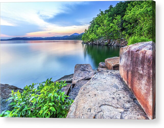 Lake Acrylic Print featuring the photograph Rock Bench by Ed Newell