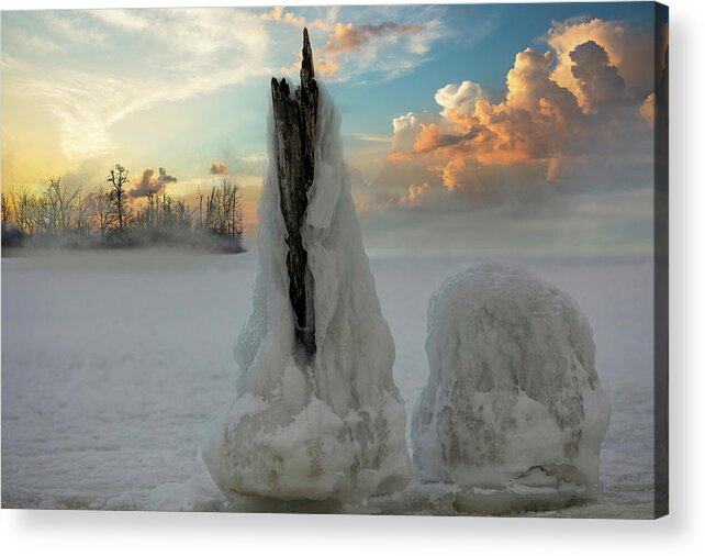 Photography #nature Photography #nature Is Art#winter Weather #art Object #cild Weather #icy#snow Figure#wood#winter Light #winter Sunshine #winter On The Beach #sky And Clouds#latvia Acrylic Print featuring the photograph Winter Weather Art /Latvia by Aleksandrs Drozdovs