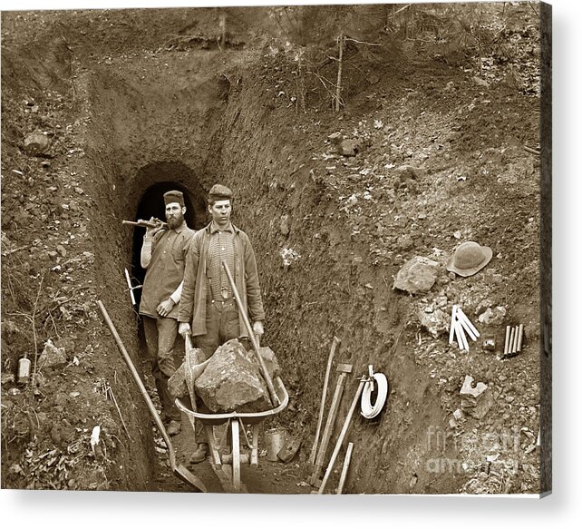  Gold Mine Acrylic Print featuring the photograph Miners by mine shaft opening California circa 1900 by Monterey County Historical Society