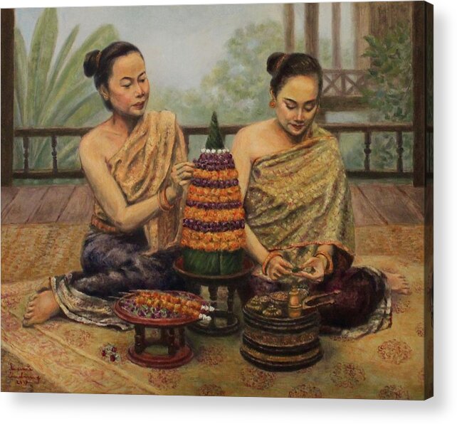 Lao Women Acrylic Print featuring the painting Art of Arrangement by Sompaseuth Chounlamany