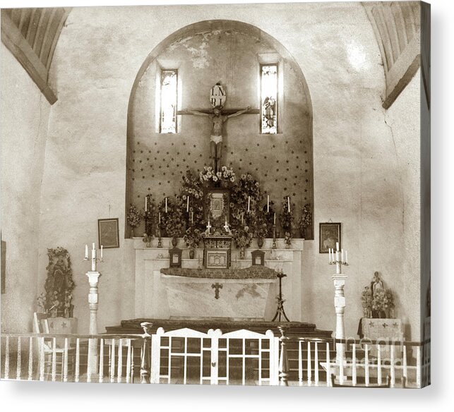 Interior Acrylic Print featuring the photograph Interior of Carmel Mission California circa 1915 by Monterey County Historical Society